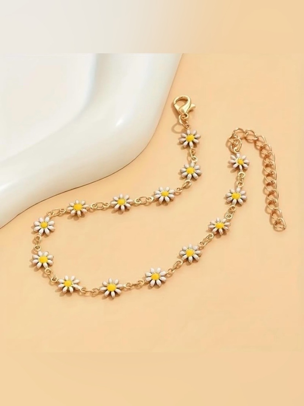 Gold Daisy Chain Anklet with White and Yellow Enamel Flowers